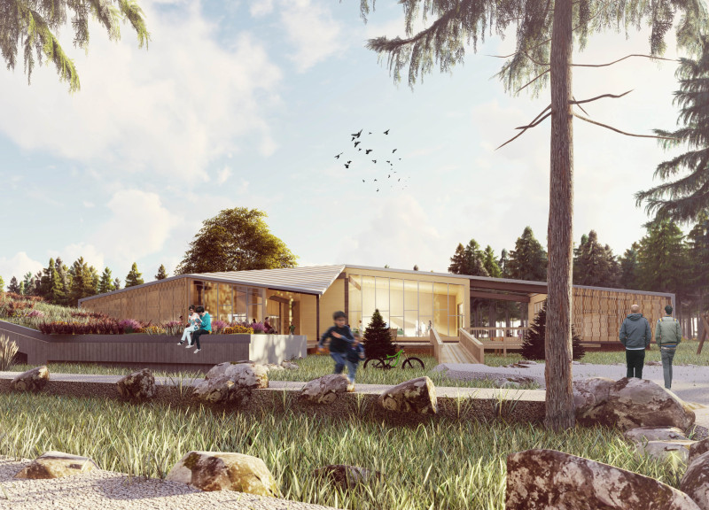 Living Roof Integration with Untreated Pine in Nature Education Center  