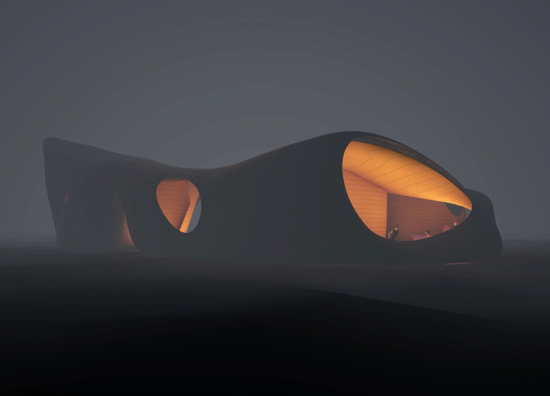 3D-Printed Concrete Pavilion with Flexible MDF Caves for Community Storytelling
