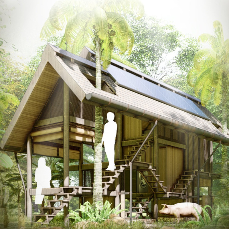 Asymmetrical Living Spaces with Traditional Wood and Rainwater Systems