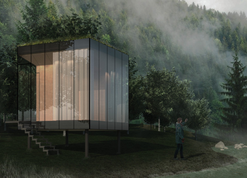 Reclaimed Wood Structure Emphasizing Transparent Facades and Rainwater Management