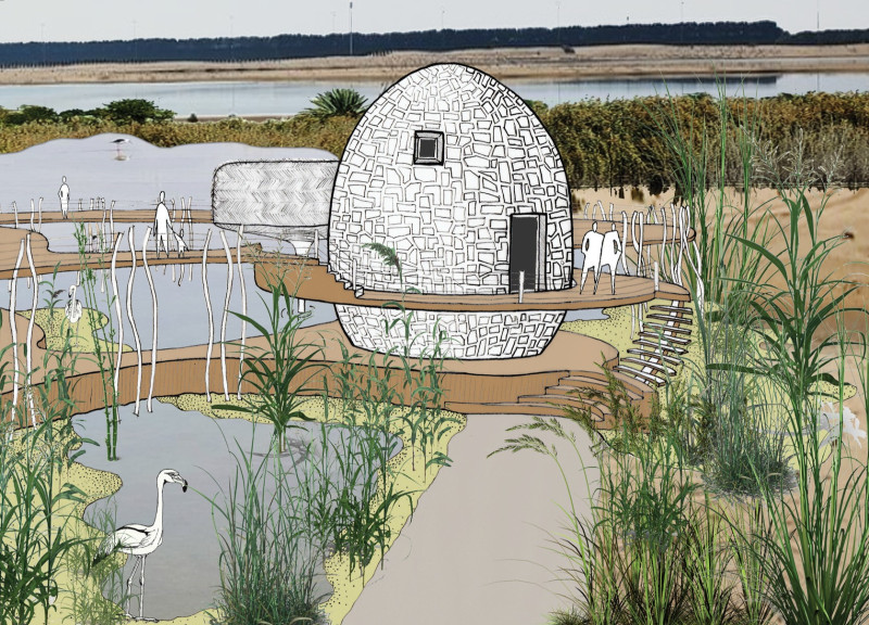 Flamingo Arch Supported by Mud Bricks and Thatch Palm in a Wetland Visitor Center  