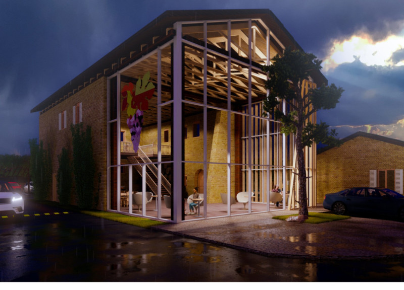 Community Spaces Framed by Wooden Pergolas in a Central Wine Tasting Hub