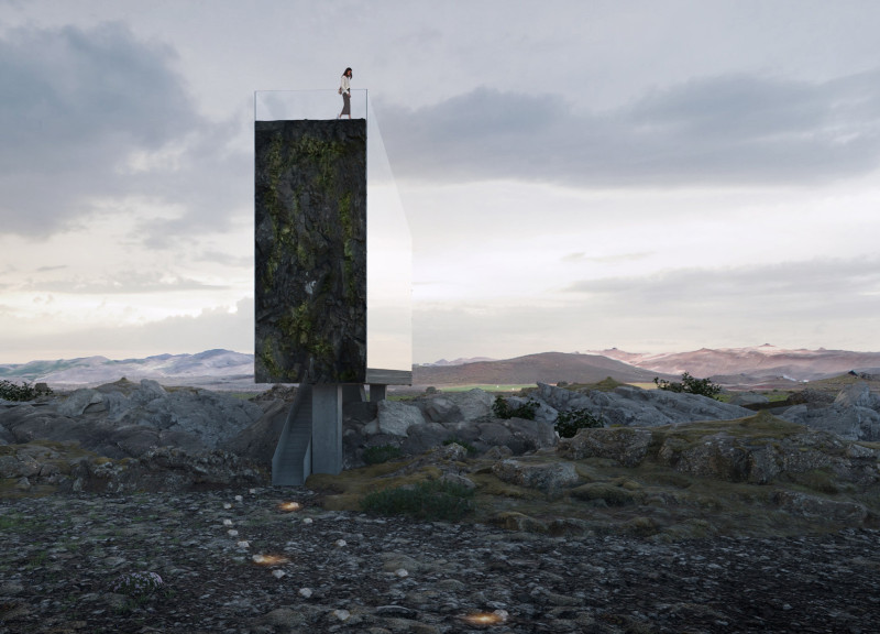 Reflective Glass Structure Treading Between Continents With Natural Lava Rock Elements  