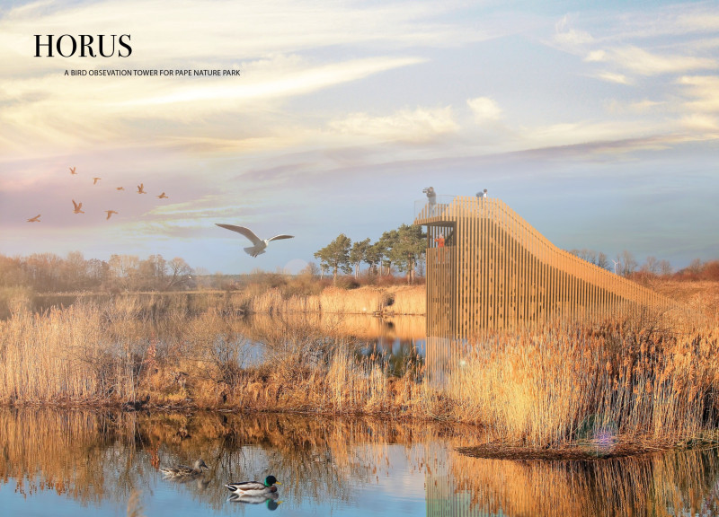 Thermomechanical Wood Tower with Semi-Transparent Cladding for Nature Observation