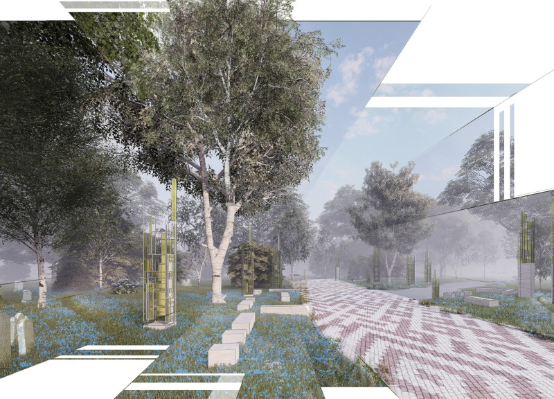 Monolithic Columns and Blued Steel Canopies in a Reflective Forest Cemetery  