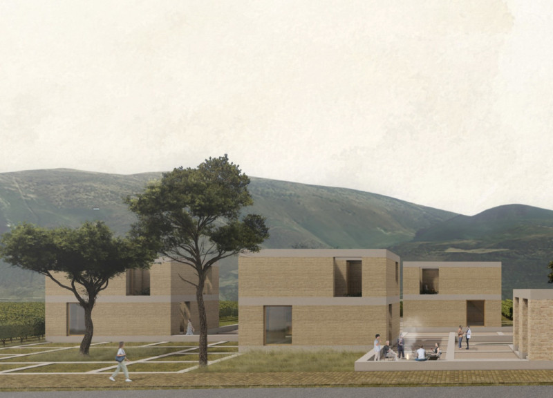 Rammed Earth Retreat Framing Views of Mount Subasio  