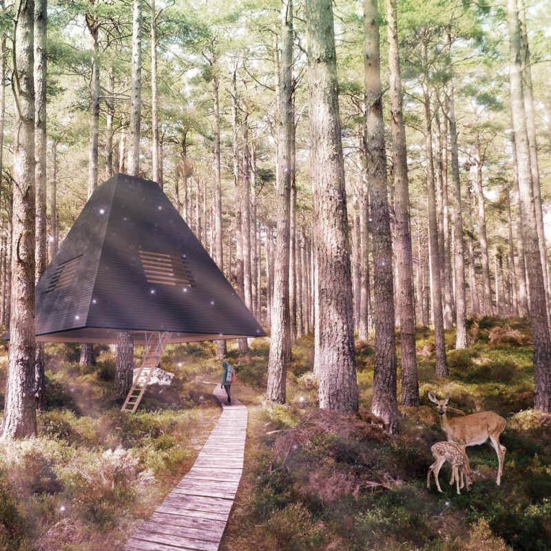 Elevated Cabins with Charred Timber and Cork Insulation for Forest Retreats