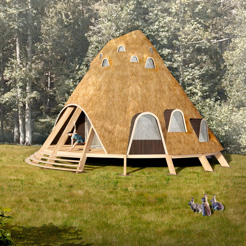 Spiritual Retreat with Tapered Thatch Roof Design